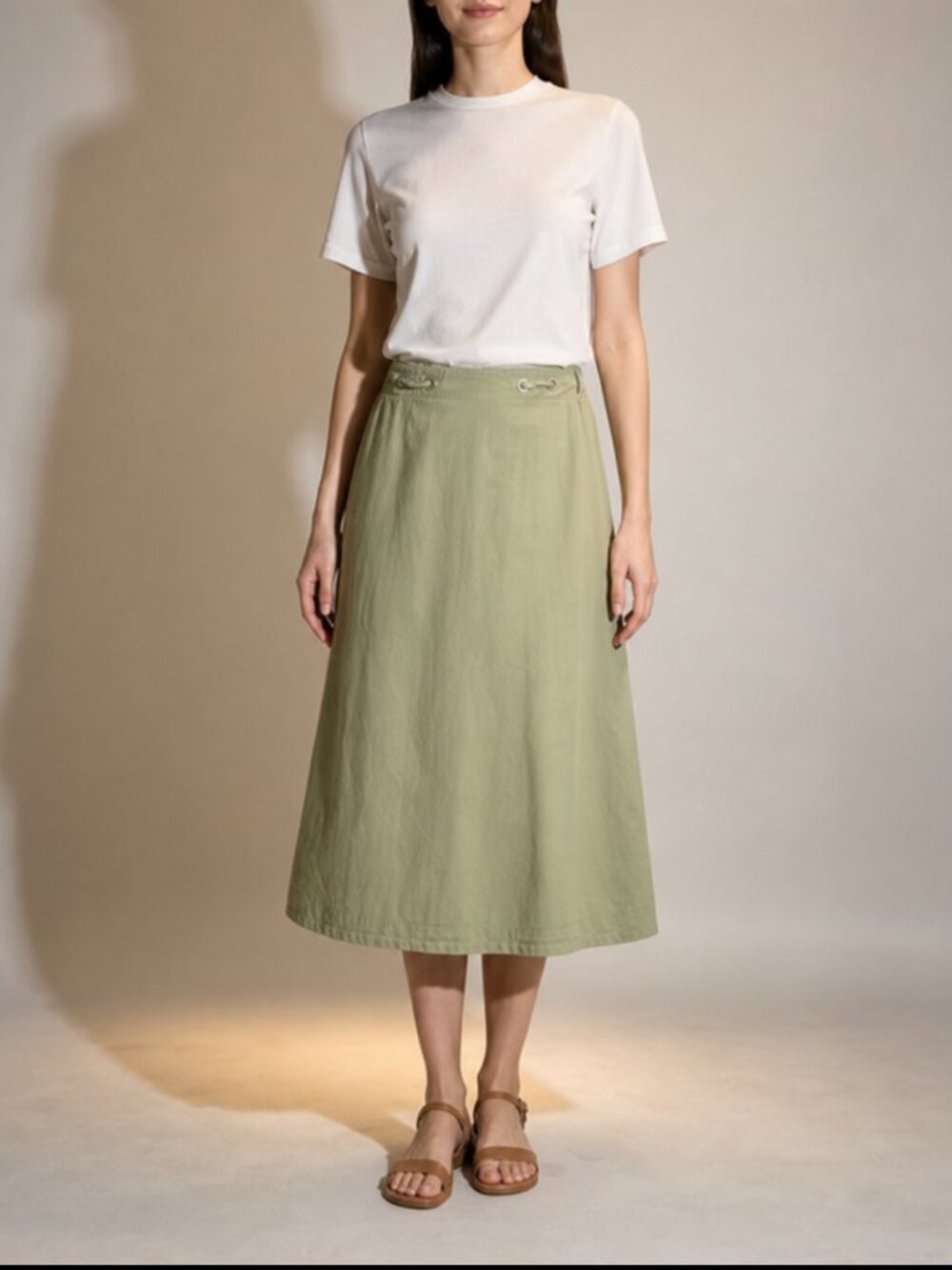 Anthropologie Sage Olive Green Lace Up Waist A-Line Midi Skirt Size S